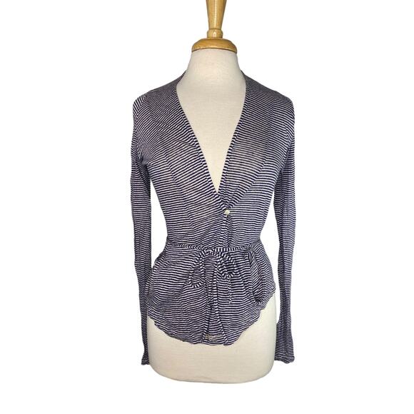 HUMANOID 100% Linen Blue White Stripe Linen Belted Top Size Small Long Sleeve - Picture 1 of 10